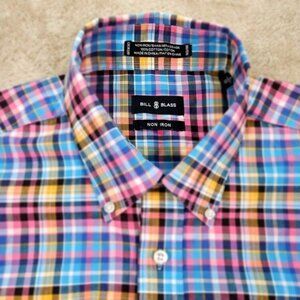 Bill & Blass Plaid Shirt Non Iron Button-Down Colorful Checkered Pattern Mens L